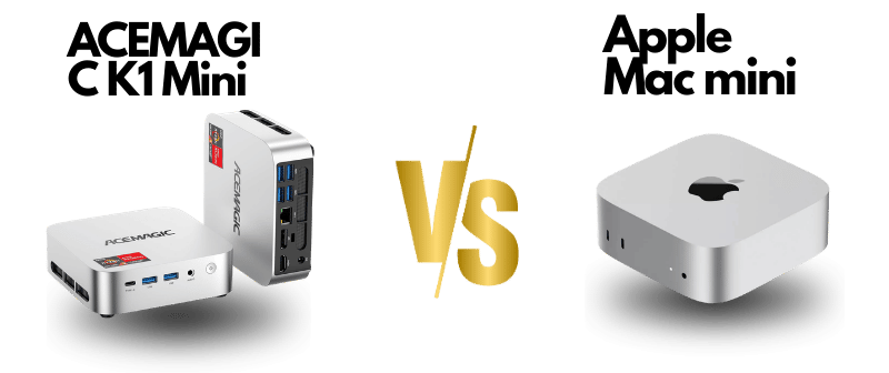 Side-by-side comparison of Apple Mac Mini M4 (2024) and ACEMAGIC K1 mini PC showing compact desktop design differences for home office and creative setups.
